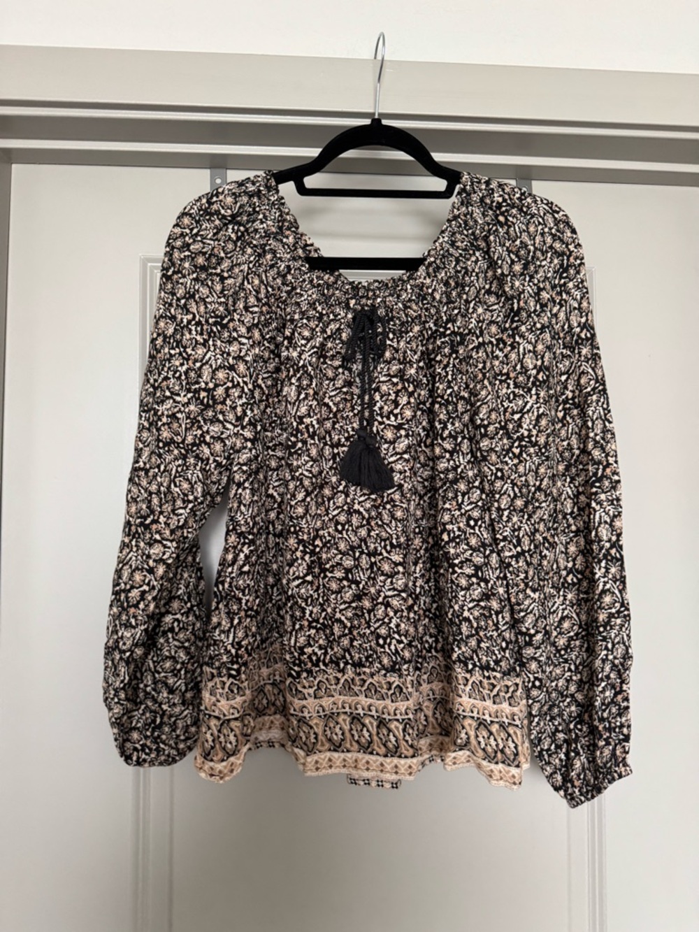 Lucky Brand Black & Cream Floral Peasant Blouse with Tassel Tie